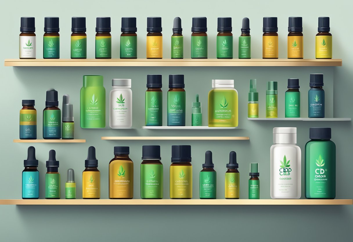 Bottles of CBD oil in various sizes and colors arranged on a clean, modern looking display shelf. Labels clearly indicate different concentrations and suggested uses