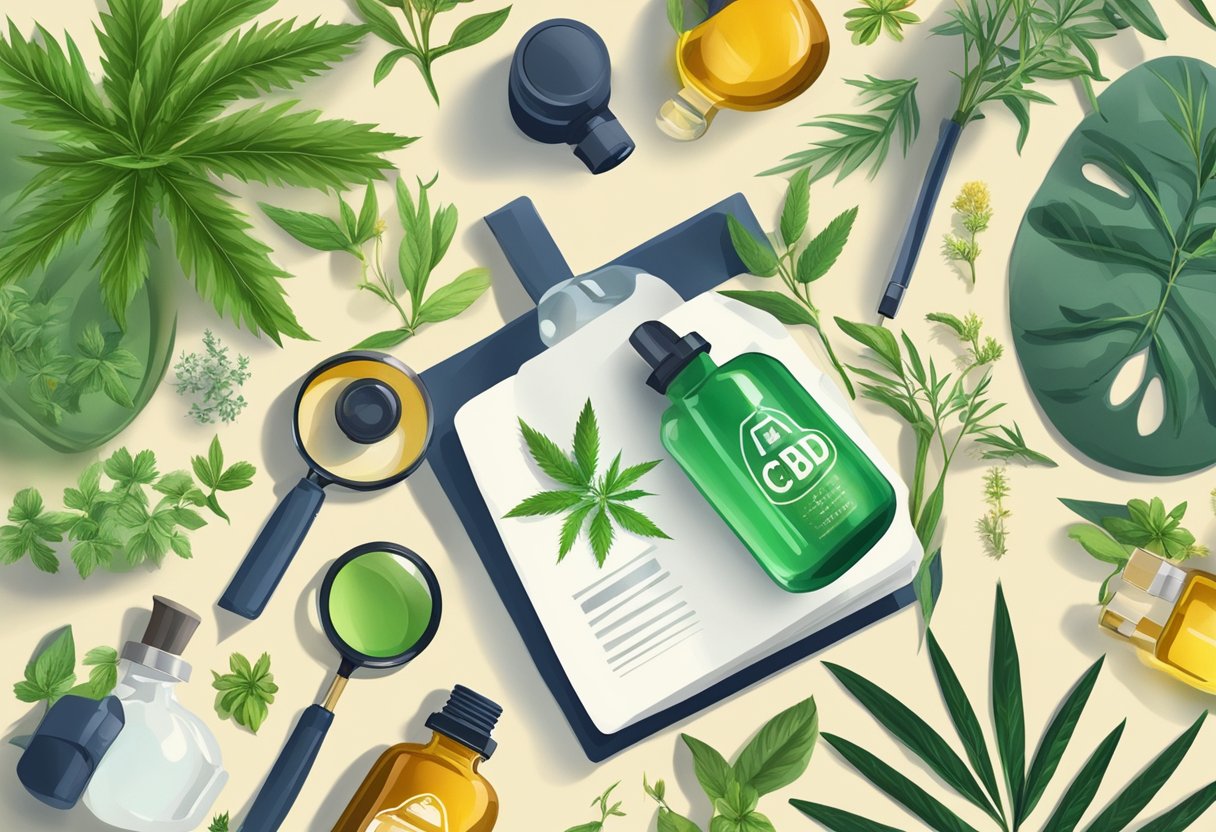 A bottle of CBD oil surrounded by various plants and herbs, with a magnifying glass and scientific equipment nearby