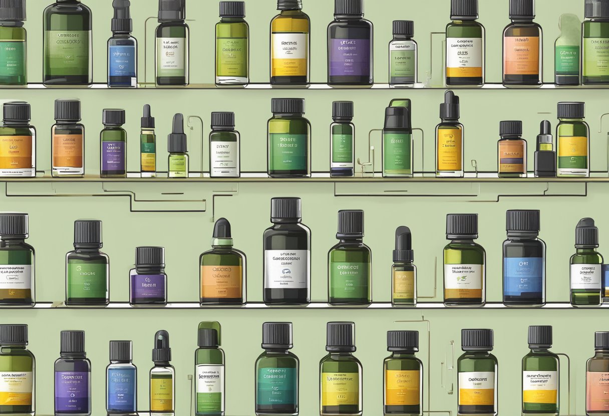 A variety of CBD oil bottles in different sizes and colors, with labels indicating various concentrations and potency levels
