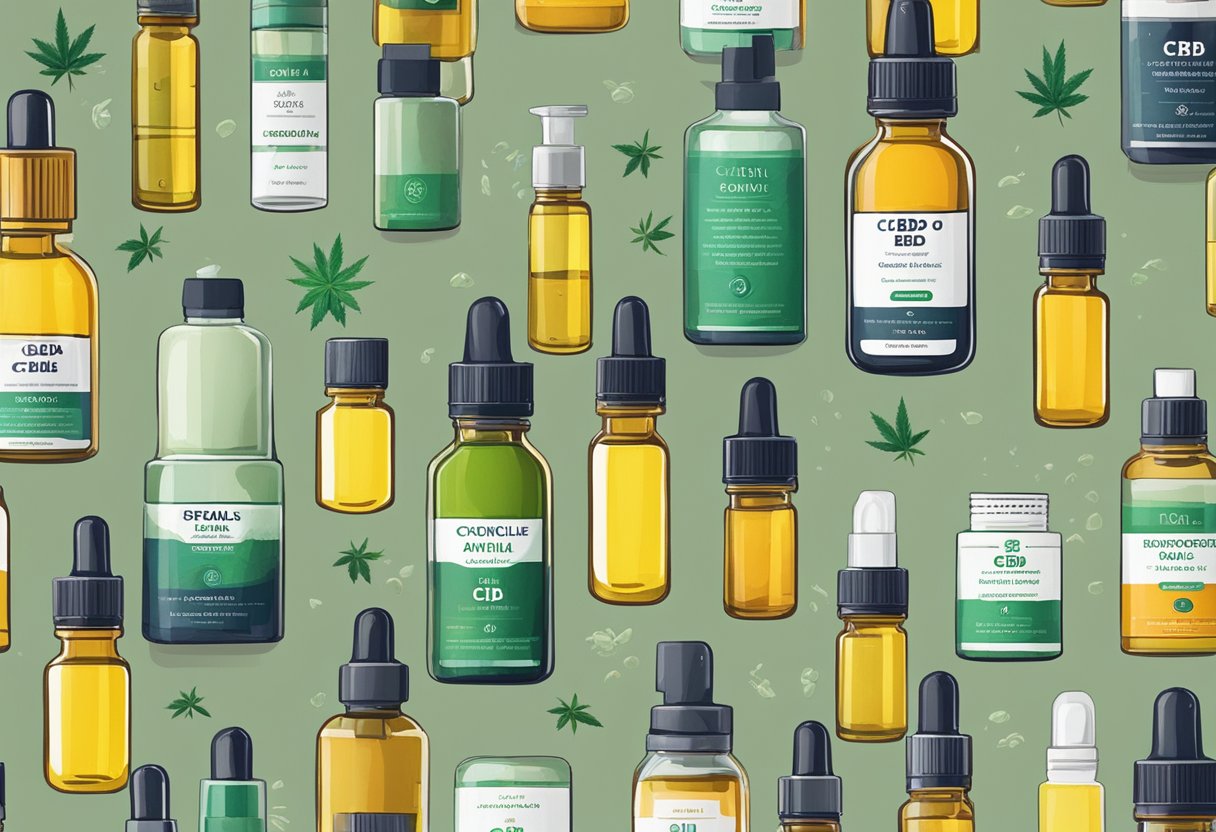 A variety of CBD oil bottles arranged on a table, each labeled with different concentrations and their specific uses