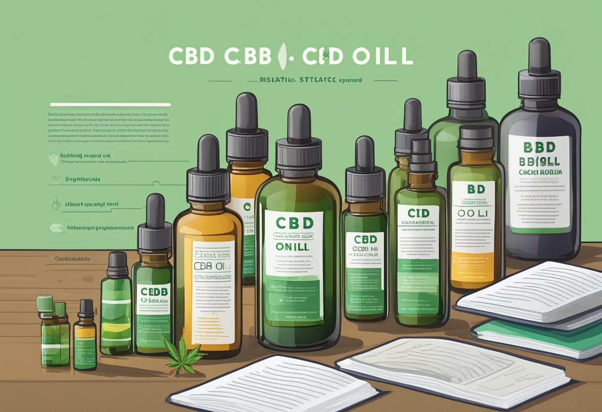 A table displays various CBD oil bottles with different concentrations. A guidebook is open, showcasing information on legal status and regulations