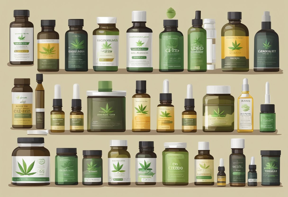 A variety of CBD products, including oils, displayed with different concentrations and their uses