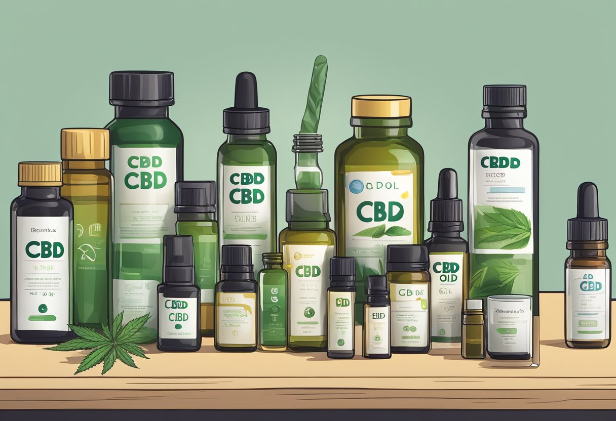 A table with various bottles of CBD oil, each labeled with different concentrations and uses. A guidebook is open next to the bottles, providing information on the oils
