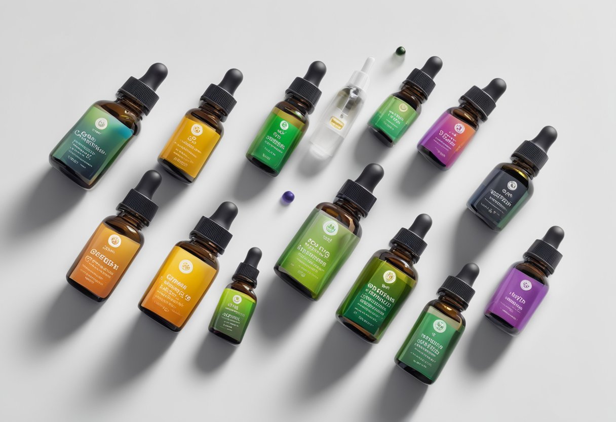 A variety of CBD oil bottles and droppers arranged on a clean, white surface with labels indicating different concentrations and suggested uses