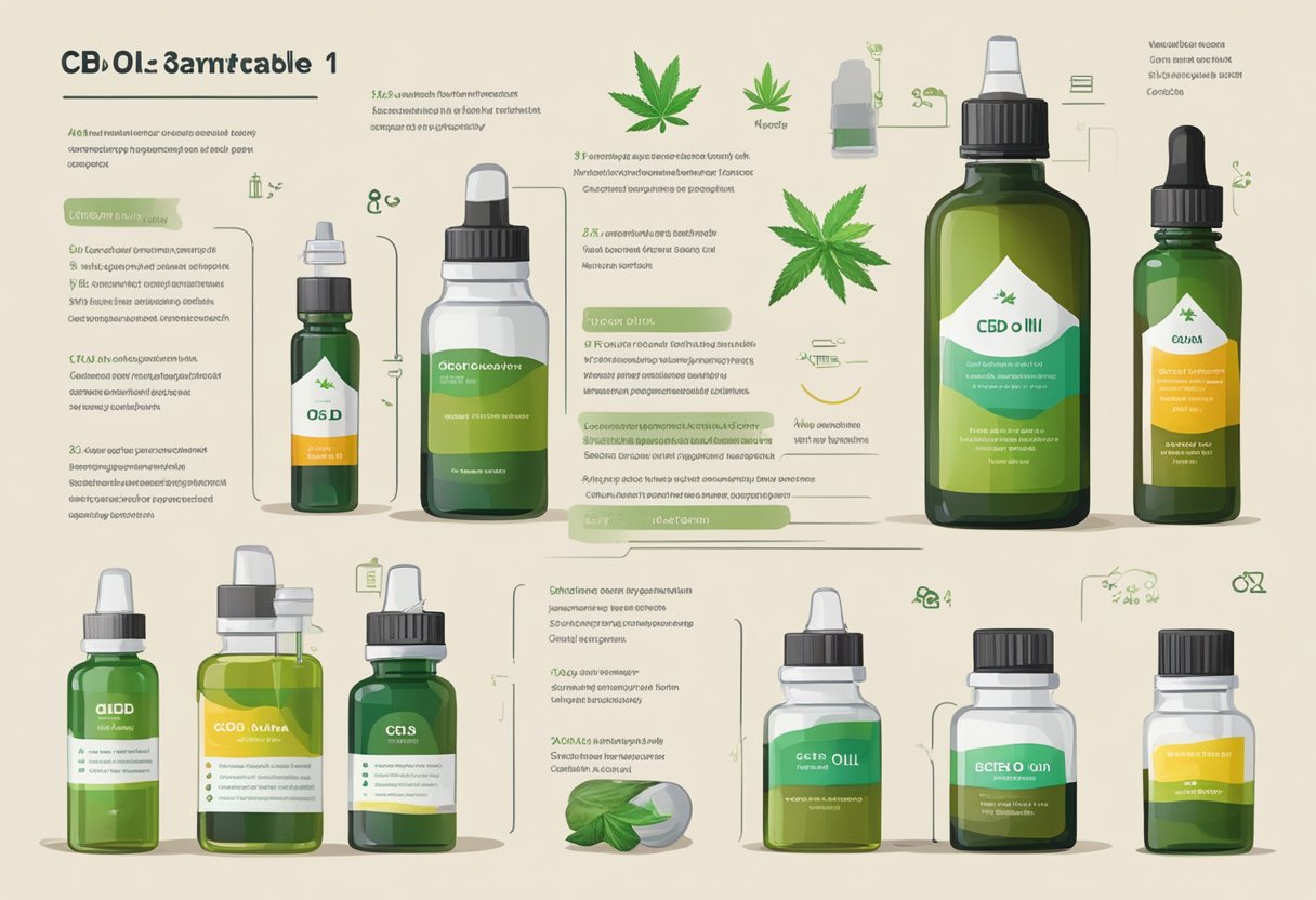 A table with various CBD oil bottles in different concentrations and accompanying descriptions