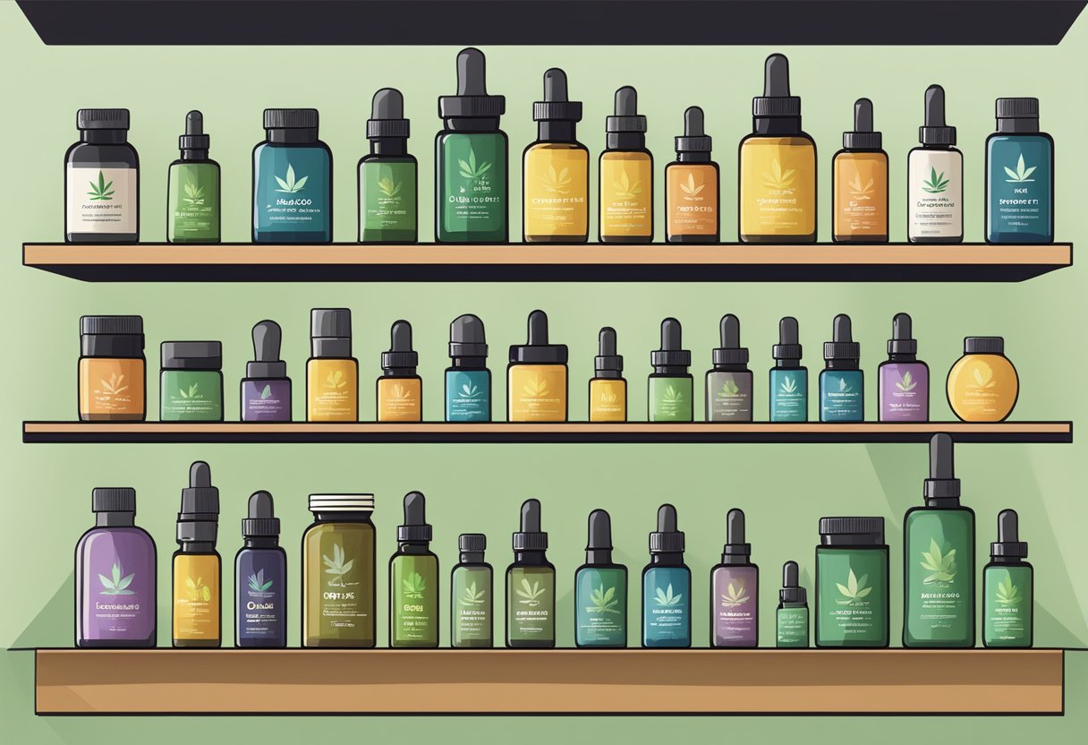 A variety of CBD oil bottles in different sizes and concentrations displayed on a shelf, with labels indicating their uses and benefits